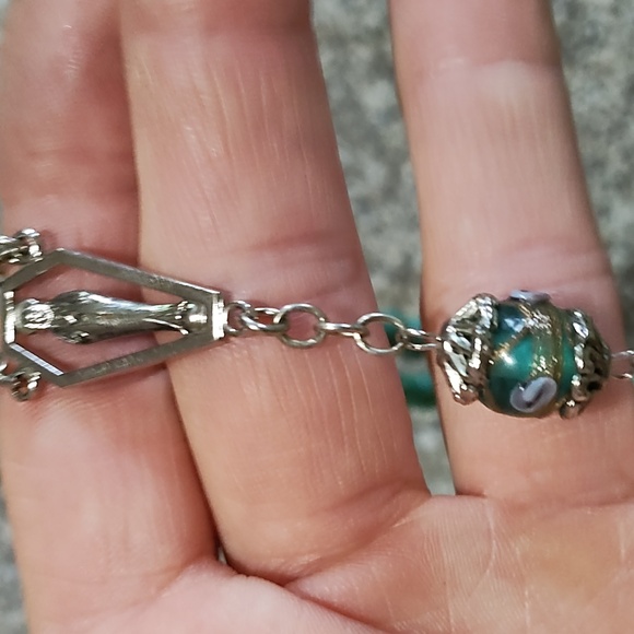 VINTAGE SILVER-TONE FAUX TURQUOISE 7MM BEADS/DECORATIVE BEADS 54" ROSARY - Picture 4 of 10